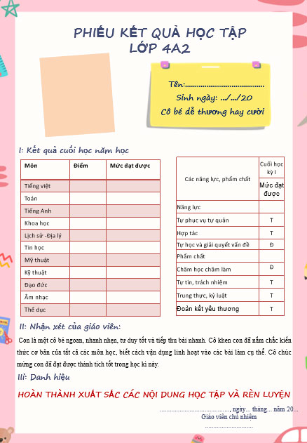 Mẫu phiếu báo kết quả học tập học sinh về gia đình phụ huynh