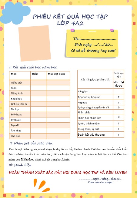 Mẫu phiếu báo kết quả học tập học sinh về gia đình phụ huynh
