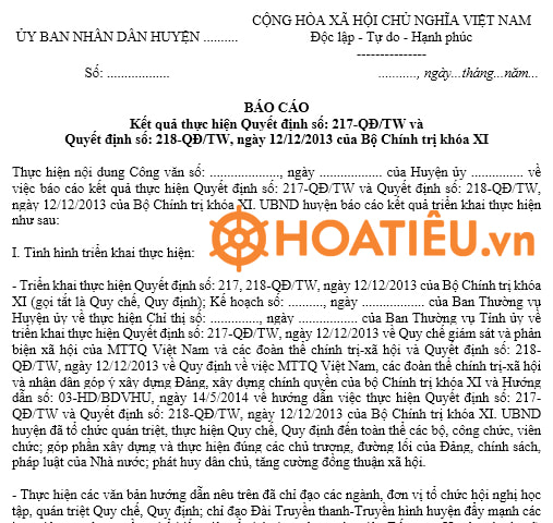 Mẫu báo cáo 10 năm thực hiện Quyết định 218 của Bộ Chính trị