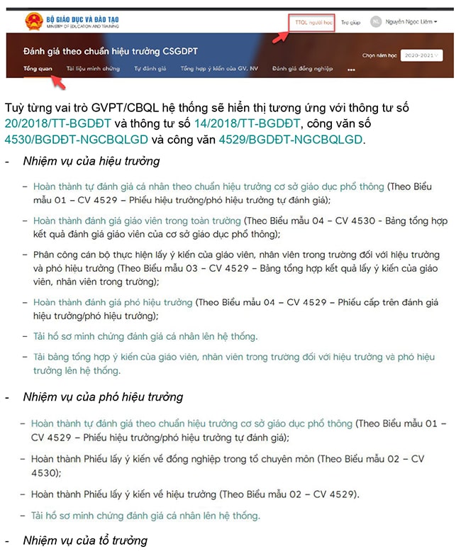 Hướng dẫn đánh giá chuẩn nghề nghiệp giáo viên trên TEMIS