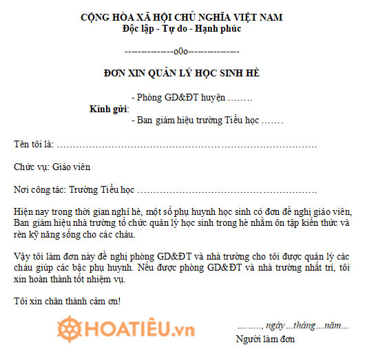 Mẫu đơn xin làm hè dành cho giáo viên