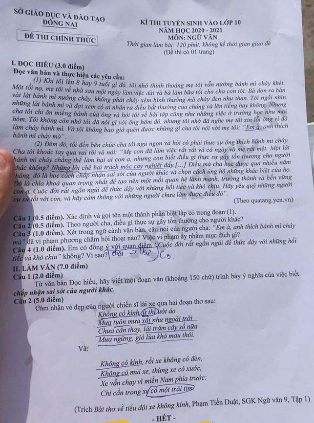 Đề thi tuyển sinh lớp 10 môn văn Đồng Nai 2020