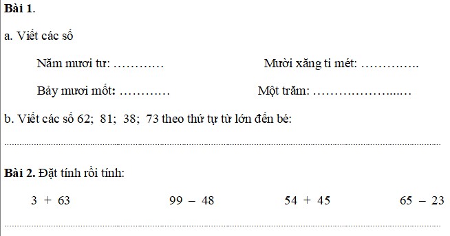 Bài tập ôn hè Toán lớp 1 lên lớp 2