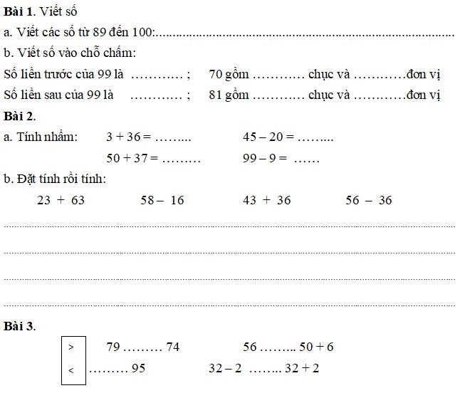 Bài tập ôn hè Toán lớp 1 lên lớp 2