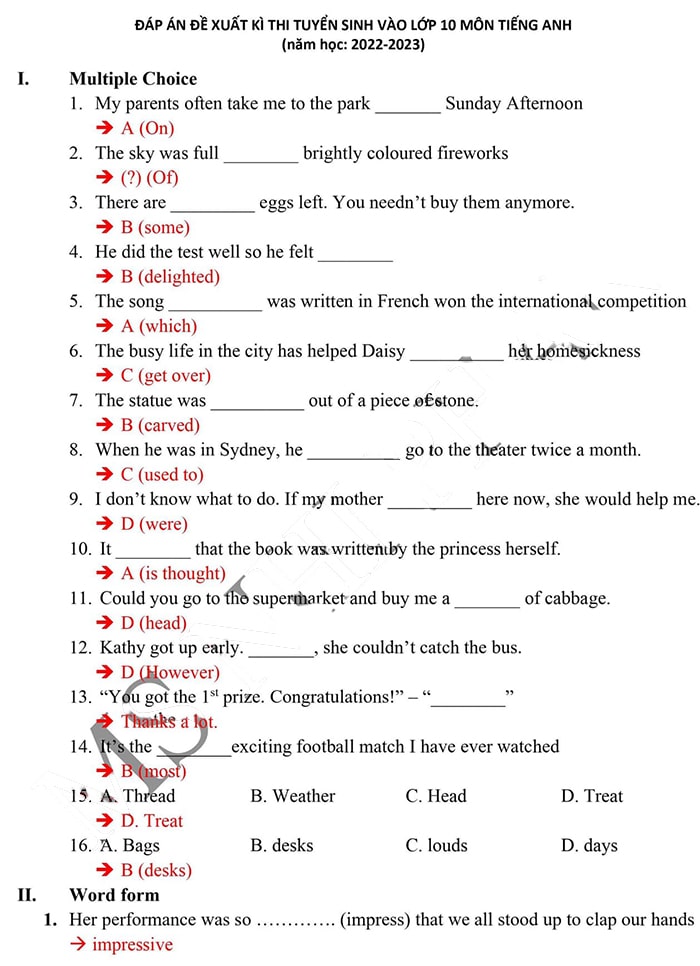 Đáp án đề thi tuyển sinh lớp 10 môn Anh Đà Nẵng 2022