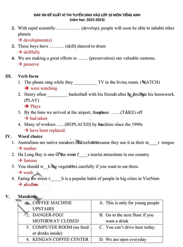 Đáp án đề thi tuyển sinh lớp 10 môn Anh Đà Nẵng 2022