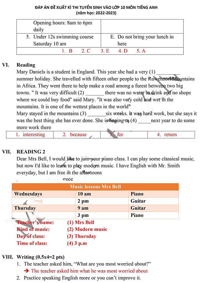 Đáp án đề thi tuyển sinh lớp 10 môn Anh Đà Nẵng 2022