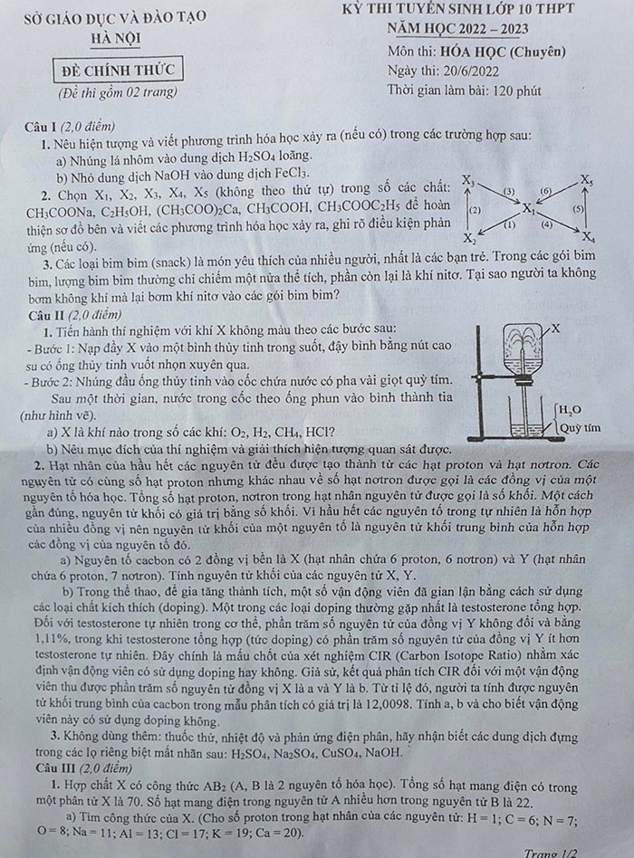 Đề thi chuyên Hóa học vào lớp 10 Hà Nội 2022