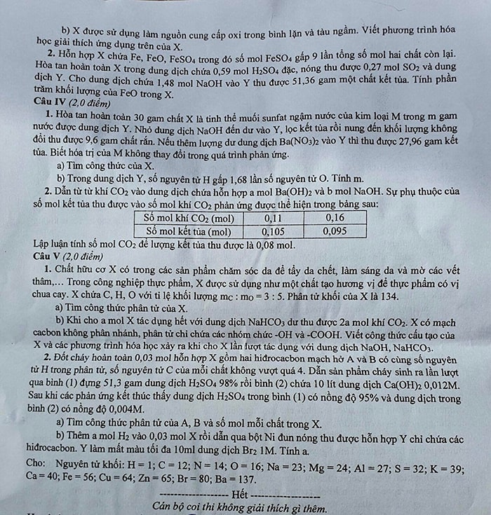Đề thi chuyên Hóa học vào lớp 10 Hà Nội 2022