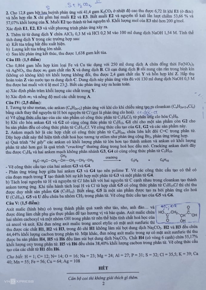 Đề chuyên Hóa Khoa học Tự nhiên 2022