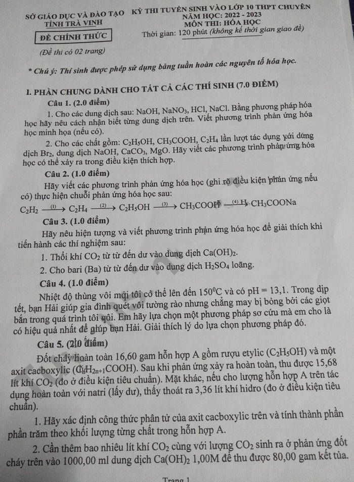 Đề thi chuyên Hóa vào lớp 10 tỉnh Trà Vinh