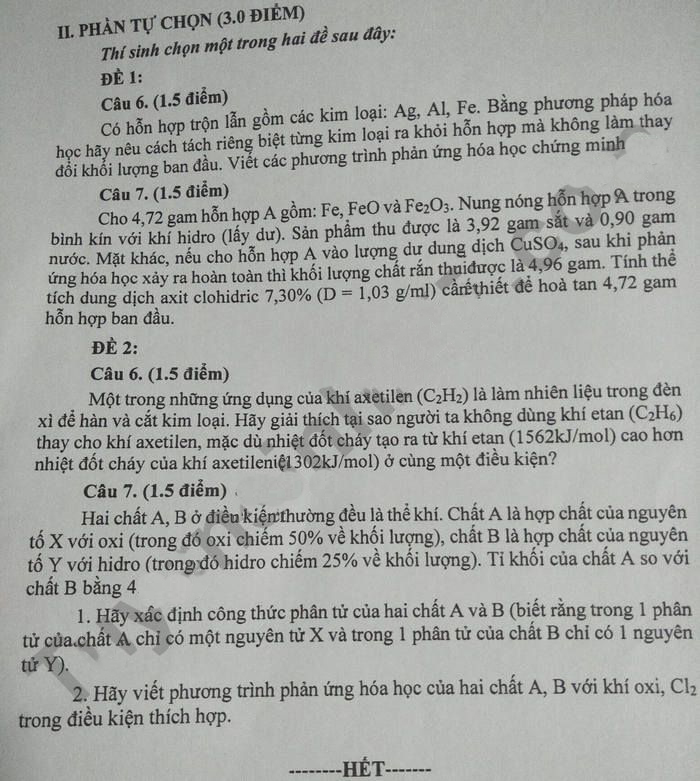 Đề thi chuyên Hóa vào lớp 10 tỉnh Trà Vinh