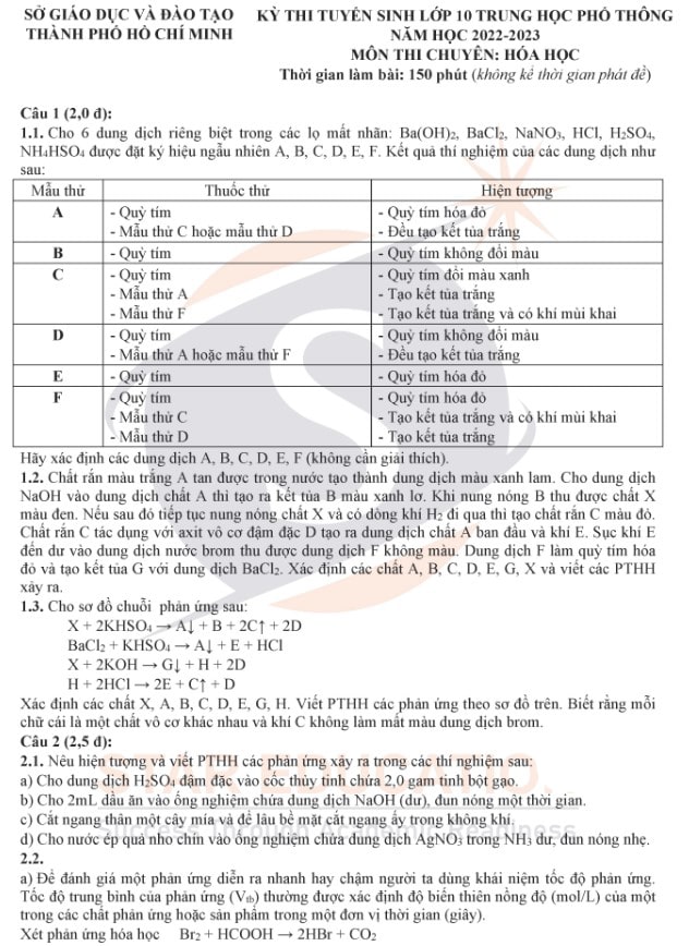 Đề thi chuyên Hóa vào lớp 10 TP HCM 2022