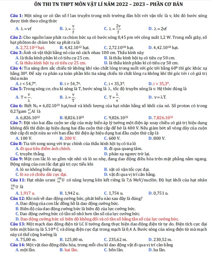 Trắc nghiệm kiến thức lý thi THPT Quốc gia 2023 môn Vật lý