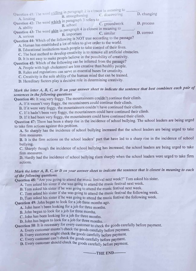 Đề thi thử tốt nghiệp THPT tỉnh Nam Định 2023 môn Anh