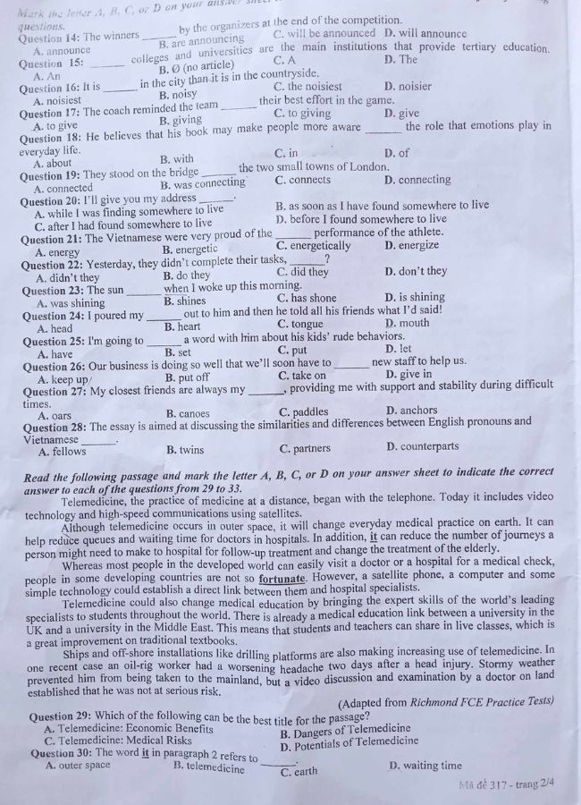 Đề thi thử tốt nghiệp THPT tỉnh Nam Định 2023 môn Anh