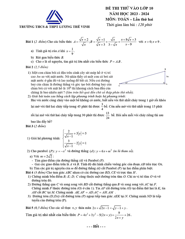 Đề thi thử vào 10 Lương Thế Vinh môn Toán lần 2