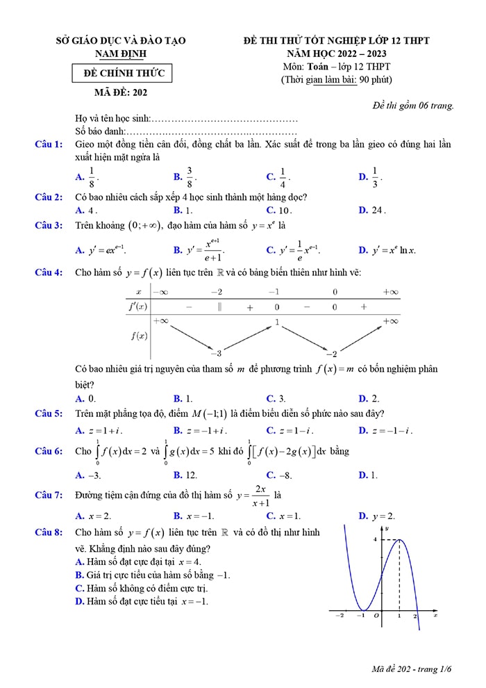 Đề thi thử THPT môn Toán Nam Định 2023 - mã đề 202