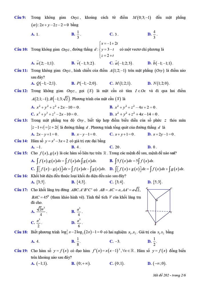 Đề thi thử THPT môn Toán Nam Định 2023 - mã đề 202