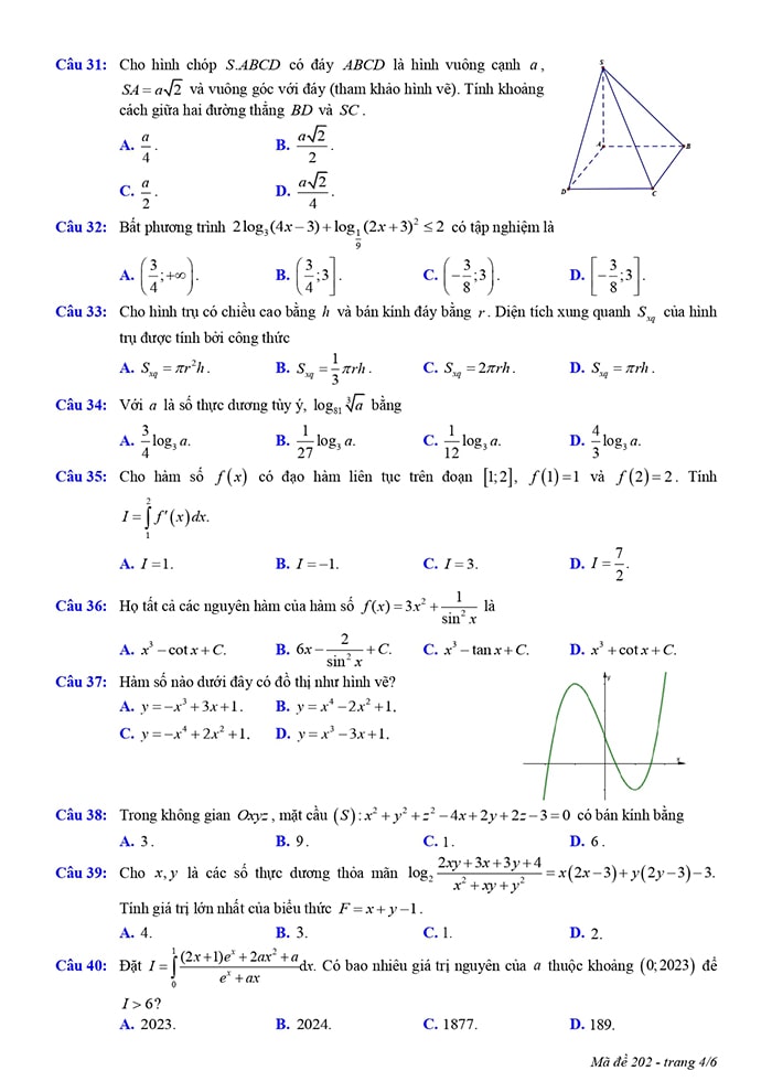 Đề thi thử THPT môn Toán Nam Định 2023 - mã đề 202