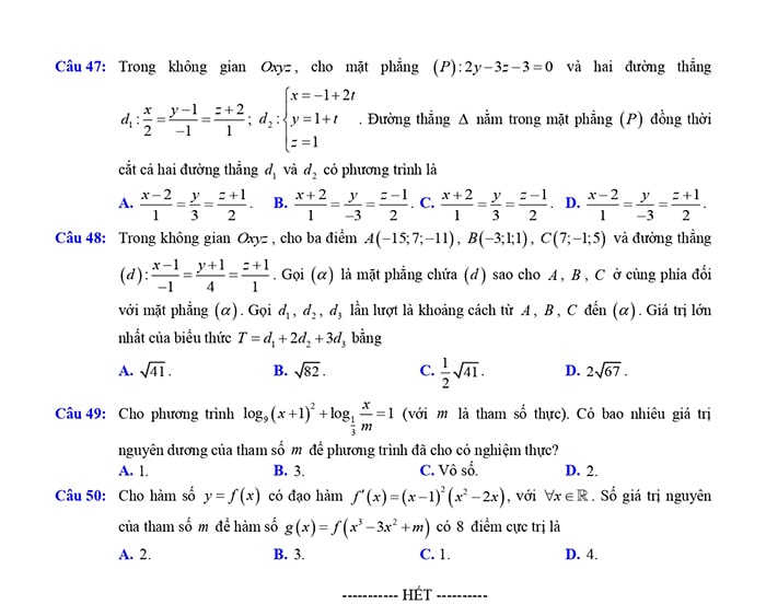Đề thi thử THPT môn Toán Nam Định 2023 - mã đề 202
