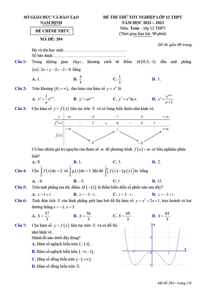 Đề thi thử THPT môn Toán Nam Định 2023 - mã đề 204