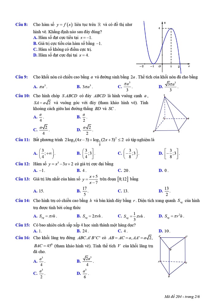 Đề thi thử THPT môn Toán Nam Định 2023 - mã đề 204