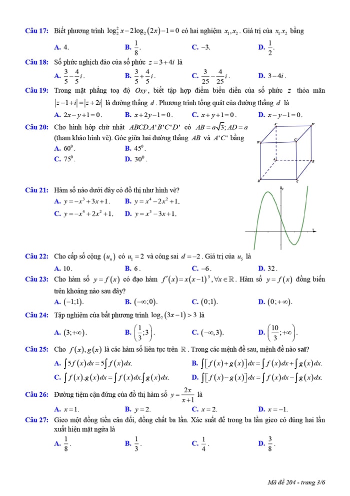Đề thi thử THPT môn Toán Nam Định 2023 - mã đề 204