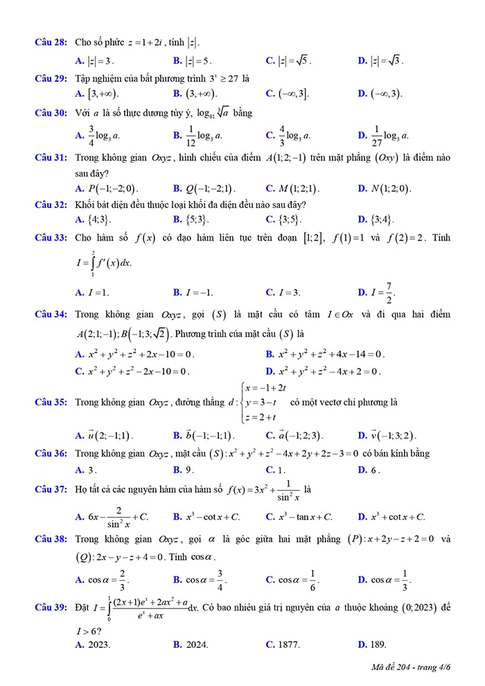 Đề thi thử THPT môn Toán Nam Định 2023 - mã đề 204