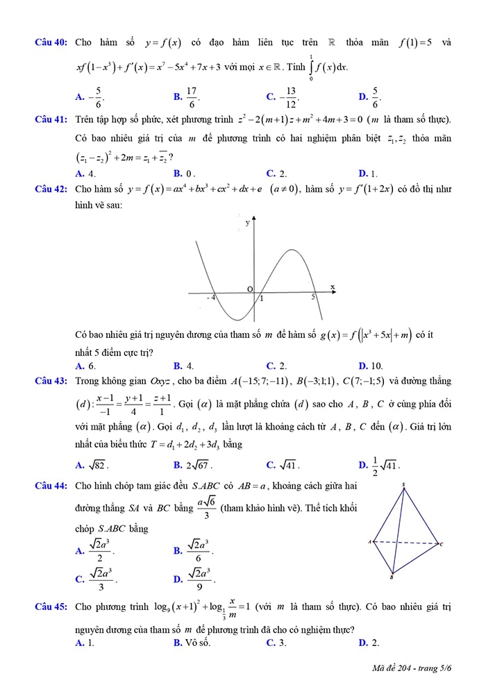 Đề thi thử THPT môn Toán Nam Định 2023 - mã đề 204