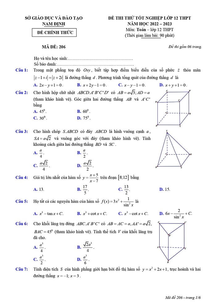Đề thi thử THPT môn Toán Nam Định 2023 - mã đề 206