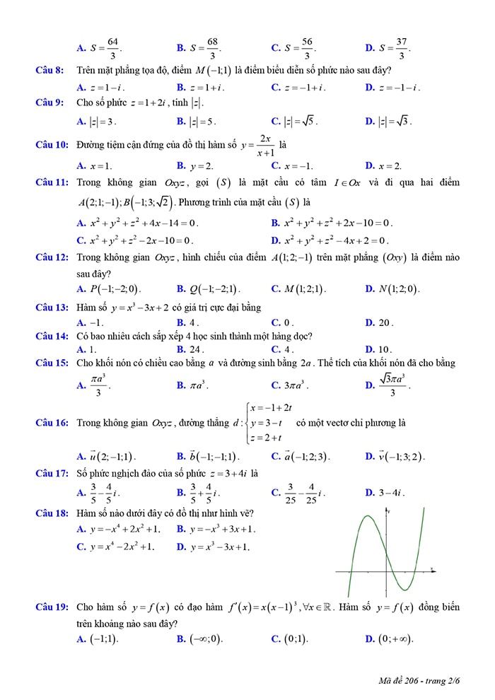 Đề thi thử THPT môn Toán Nam Định 2023 - mã đề 206
