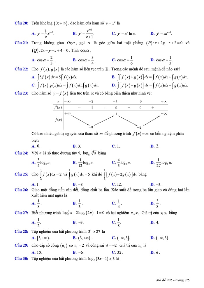 Đề thi thử THPT môn Toán Nam Định 2023 - mã đề 206
