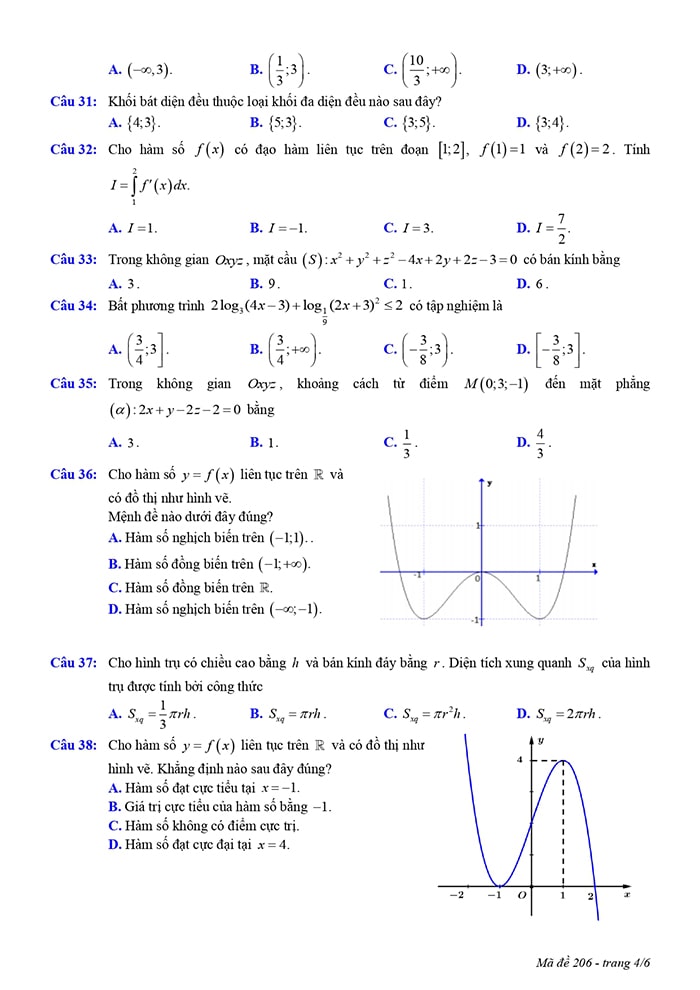 Đề thi thử THPT môn Toán Nam Định 2023 - mã đề 206