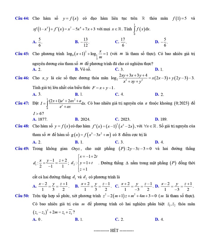 Đề thi thử THPT môn Toán Nam Định 2023 - mã đề 206