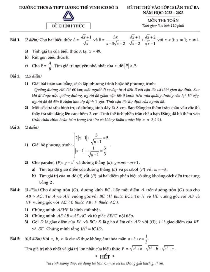 Đề thi thử vào 10 Lương Thế Vinh môn Toán lần 3
