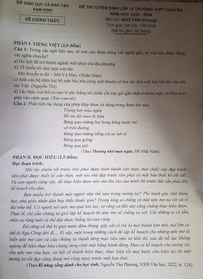 Đề Văn thi vào 10 chuyên Lê Hồng Phong 2023