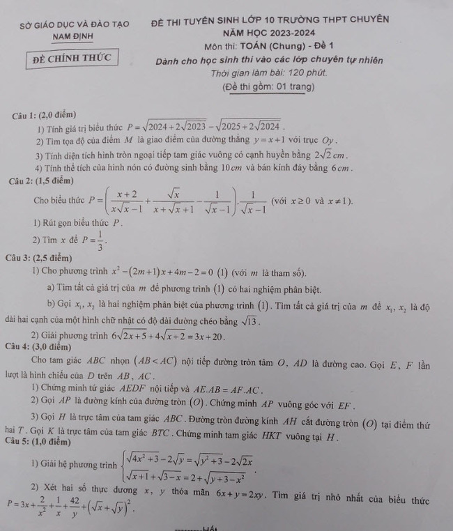Đề thi Toán chung Lê Hồng Phong Nam Định 2023