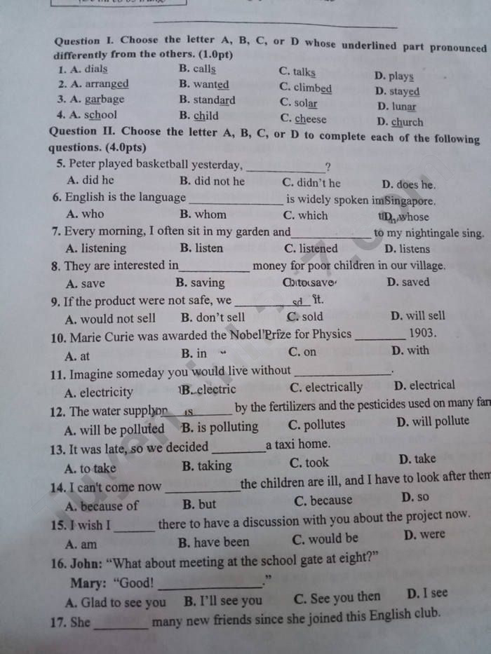 Đề thi tuyển sinh vào 10 môn Anh Lai Châu 2023