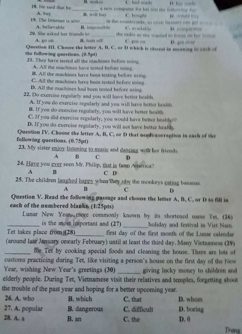 Đề thi tuyển sinh vào 10 môn Anh Lai Châu 2023