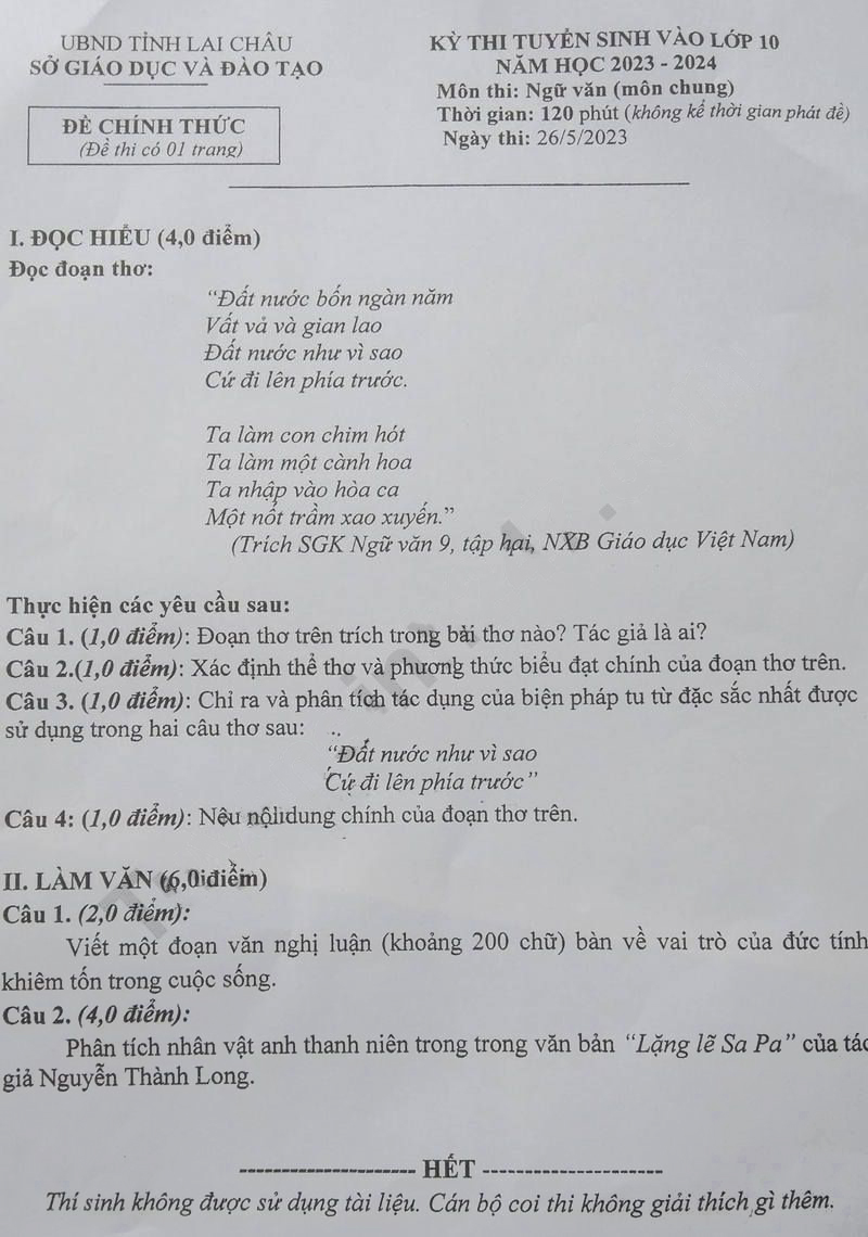 Đề thi tuyển sinh lớp 10 Lai Châu môn Văn 2023
