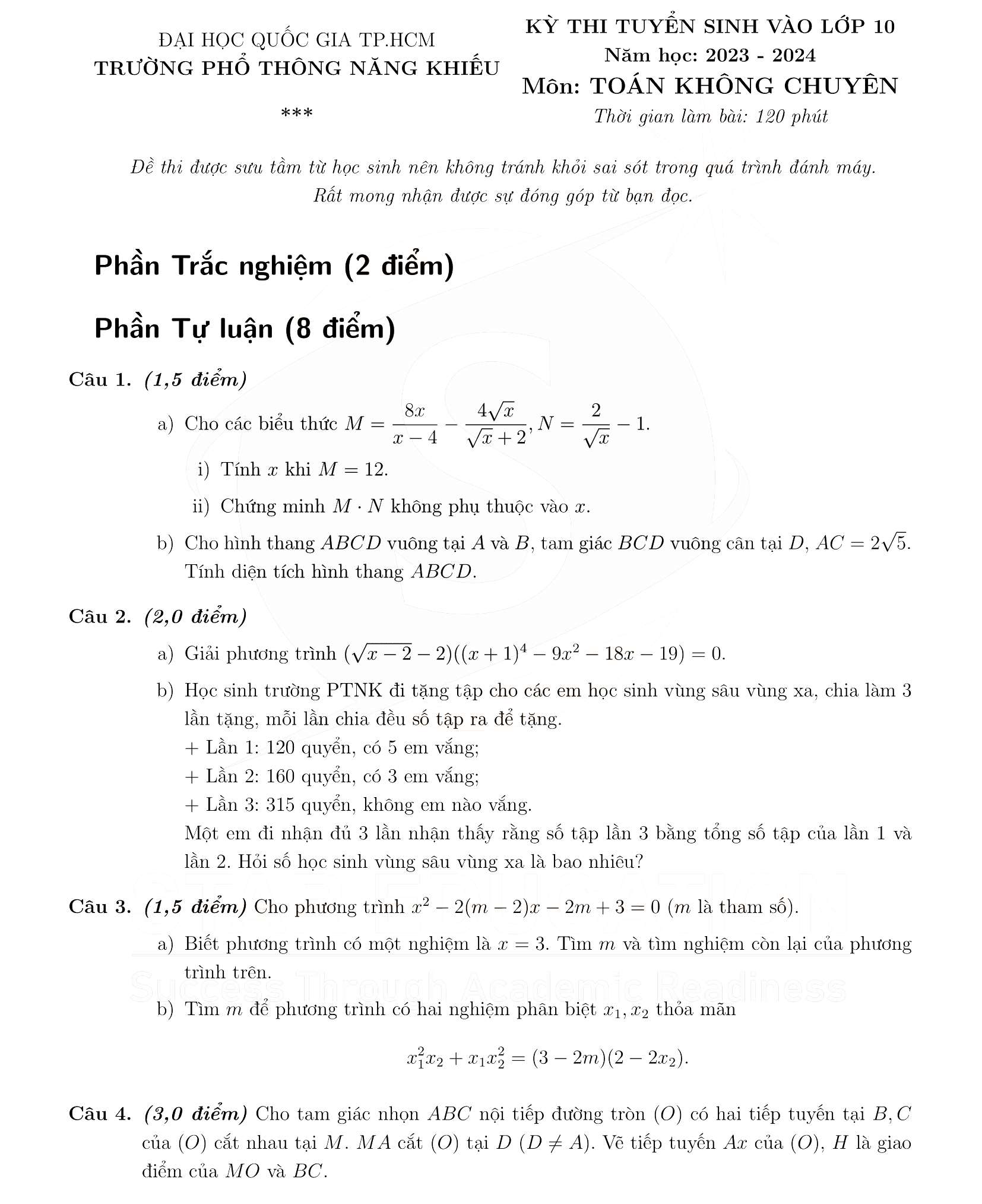 Đề thi ptnk 2023 môn Toán không chuyên