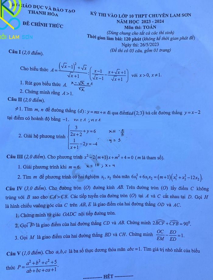 Đề thi vào lớp 10 môn Toán chuyên Lam Sơn Thanh Hóa 2023