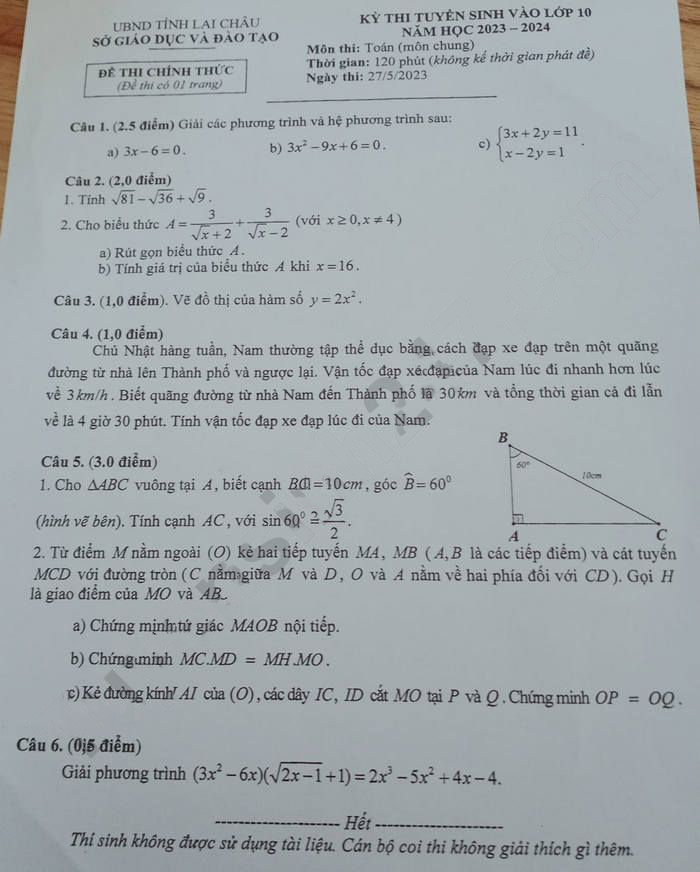 Đề thi vào 10 2023 Lai Châu môn Toán