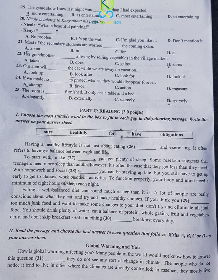 Đề thi vào 10 chuyên Lam Sơn Thanh Hóa môn Anh 2023