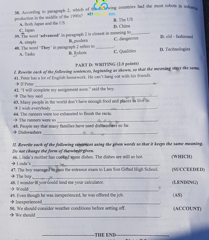 Đề thi vào 10 chuyên Lam Sơn Thanh Hóa môn Anh 2023