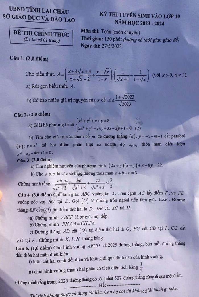 Đề thi vào 10 môn Toán Lai Châu 2023 chuyên
