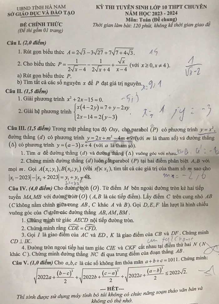 Đề thi vào lớp 10 môn Toán chuyên Biên Hòa Hà Nam 2023
