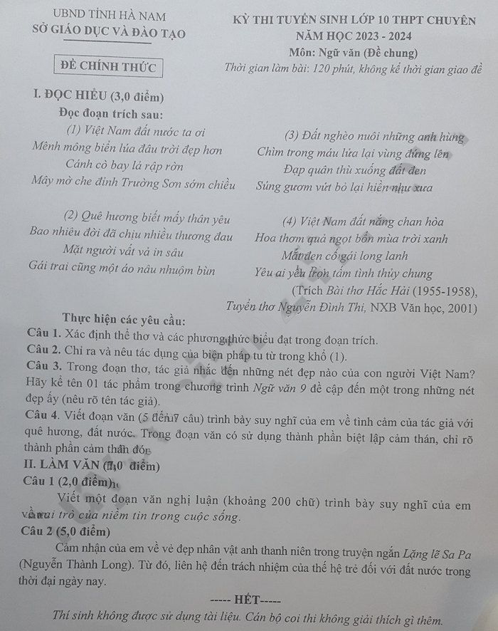 Đề thi vào lớp 10 môn Văn chuyên Biên Hòa Hà Nam 2023
