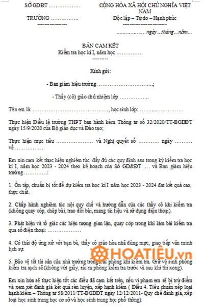 Mẫu bản cam kết kiểm tra học kì 1